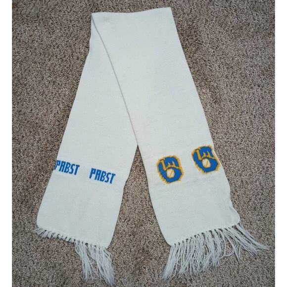 Vintage Milwaukee Brewers Logo Pabst Beer White Fringe Scarf 56" - Picture 1 of 8